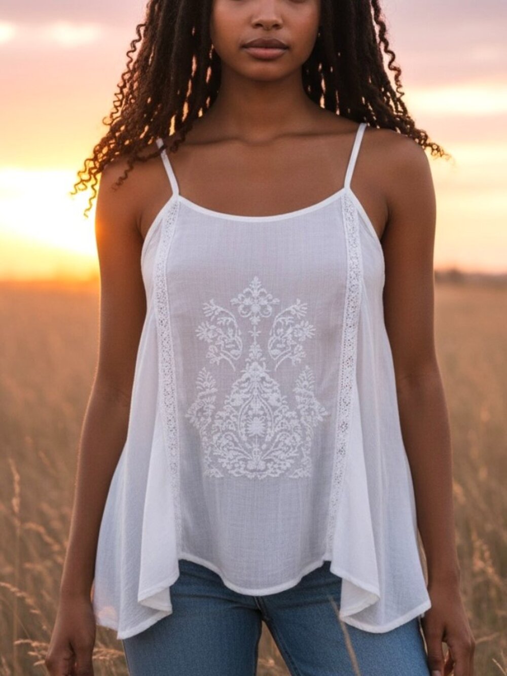 Passport Embroidered tie back white lace details top S.